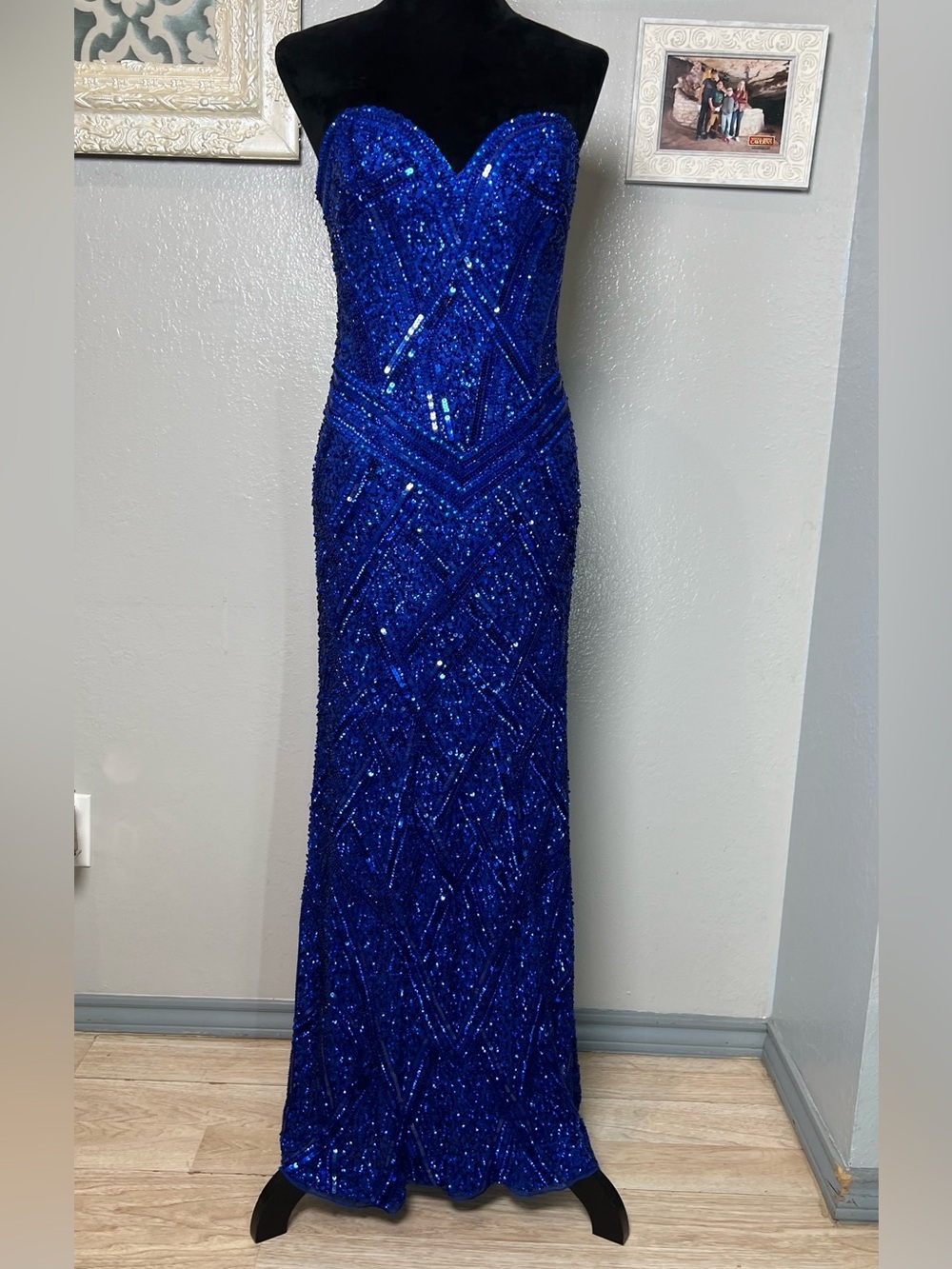 Scala Strapless Royal Blue Sequin Beaded Evening Gown